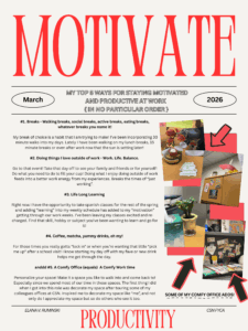 Flyer of Elana's ways to stay motivated at work.